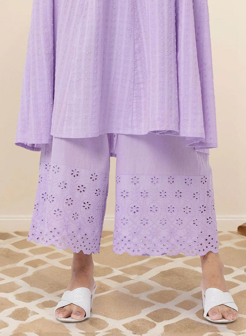 ISHIN  Regular Fit Three-Quarter Sleeve Printed Lilac Cotton Woven Kurta Set For Women Flat Collar Perfect For Wedding And Engagement Pull On Closure for Women | Best Price UAE