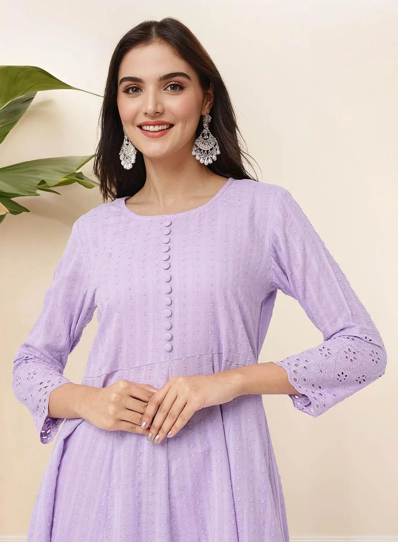 ISHIN  Regular Fit Three-Quarter Sleeve Printed Lilac Cotton Woven Kurta Set For Women Flat Collar Perfect For Wedding And Engagement Pull On Closure for Women | Best Price UAE