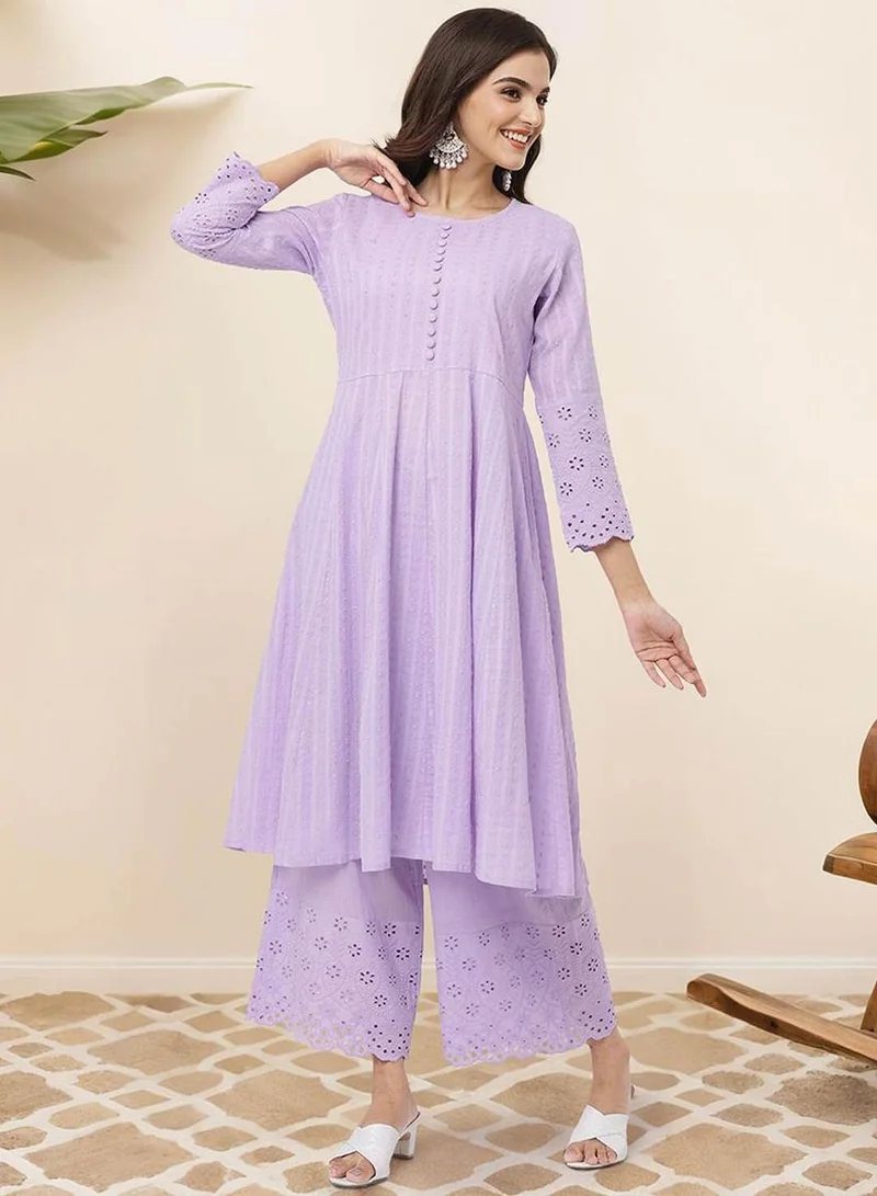 ISHIN  Regular Fit Three-Quarter Sleeve Printed Lilac Cotton Woven Kurta Set For Women Flat Collar Perfect For Wedding And Engagement Pull On Closure for Women | Best Price UAE