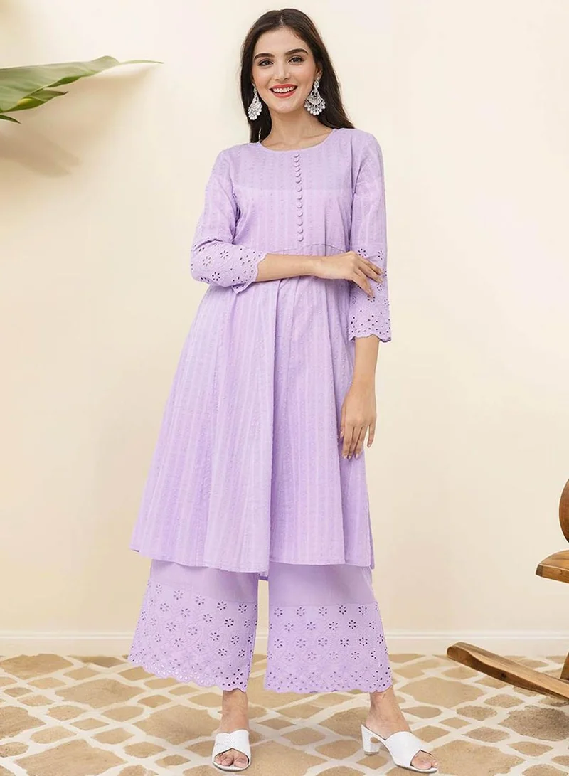 ISHIN  Regular Fit Three-Quarter Sleeve Printed Lilac Cotton Woven Kurta Set For Women Flat Collar Perfect For Wedding And Engagement Pull On Closure for Women | Best Price UAE