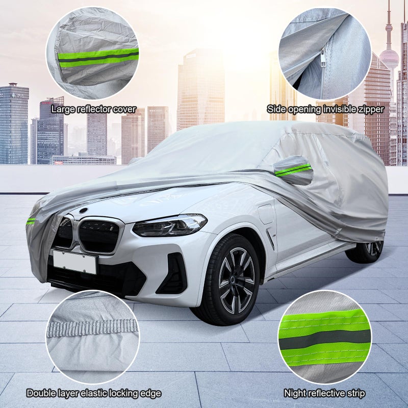 QUYDDC Full Car Cover Universal 6 Layers Outdoor Thicked All Weather Cover, Sunshield, Waterproof, Snow Proof, UV Proof, Scratch Proof, Bird Droppings, 6 Reflective Strips, Fits SUVs up 181"-190" - Image 4
