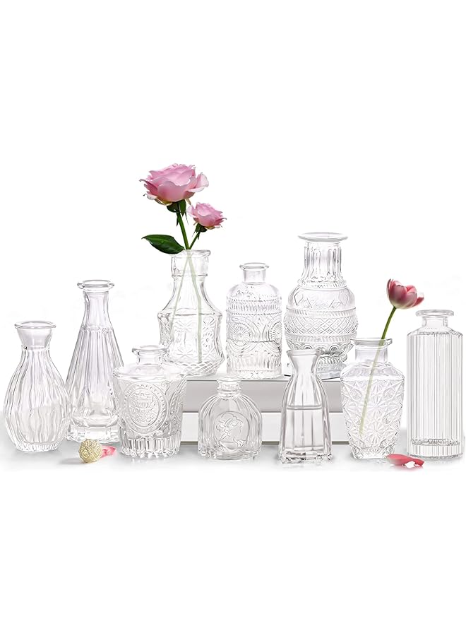The Bros Set of 10 Small Glass Flower Vases for Centerpieces - Cute Clear Crystal Bud Vases in Bulk - Mini Vintage for Wedding Decorations, Party Table Decor - Image 1