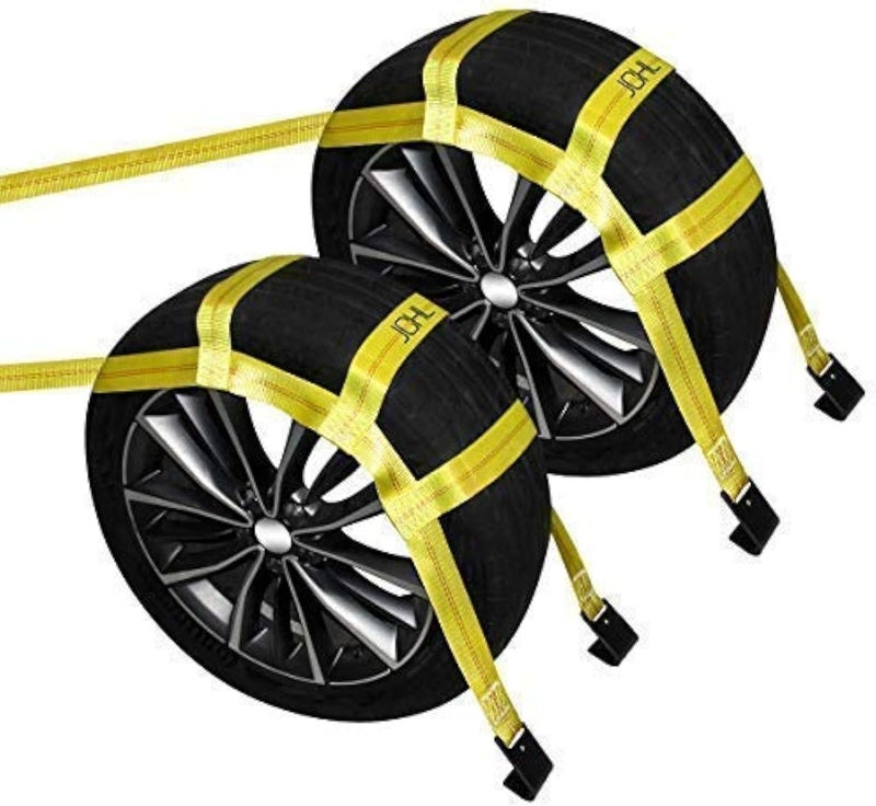 Tow Dolly Basket Straps with Flat Hooks (2 Pack) Yellow Car Wheel Straps Universal Vehicle Tow Dolly Strap System Fits 15"-19" Tires Wheels 10000 lbs Working Capacity
