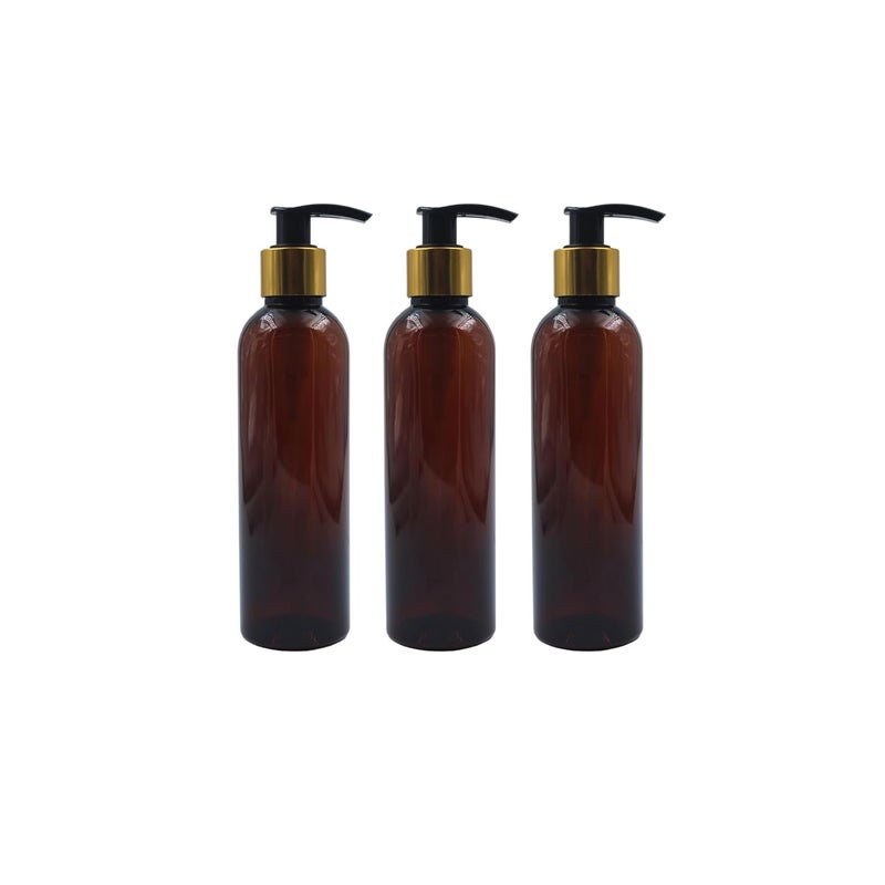 Pharcos 200Ml Amber Plastic Bottle with Golden Metallic Collar Black Dispenser Unbreakable LeakProof Refillable Refillable Containers for Liquid Soap Shampoo Oils Sanitizers Pack of 3 - Image 1
