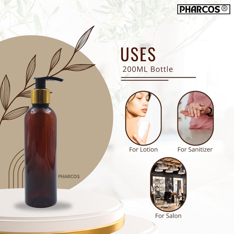 Pharcos 200Ml Amber Plastic Bottle with Golden Metallic Collar Black Dispenser Unbreakable LeakProof Refillable Refillable Containers for Liquid Soap Shampoo Oils Sanitizers Pack of 3 - Image 5