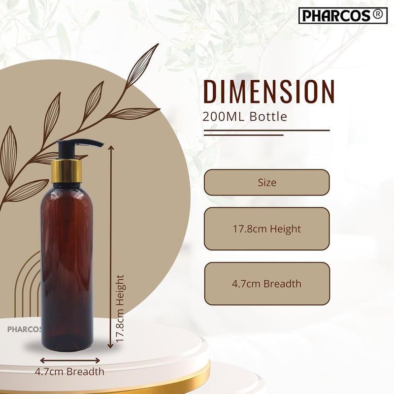 Pharcos 200Ml Amber Plastic Bottle with Golden Metallic Collar Black Dispenser Unbreakable LeakProof Refillable Refillable Containers for Liquid Soap Shampoo Oils Sanitizers Pack of 3 - Image 4
