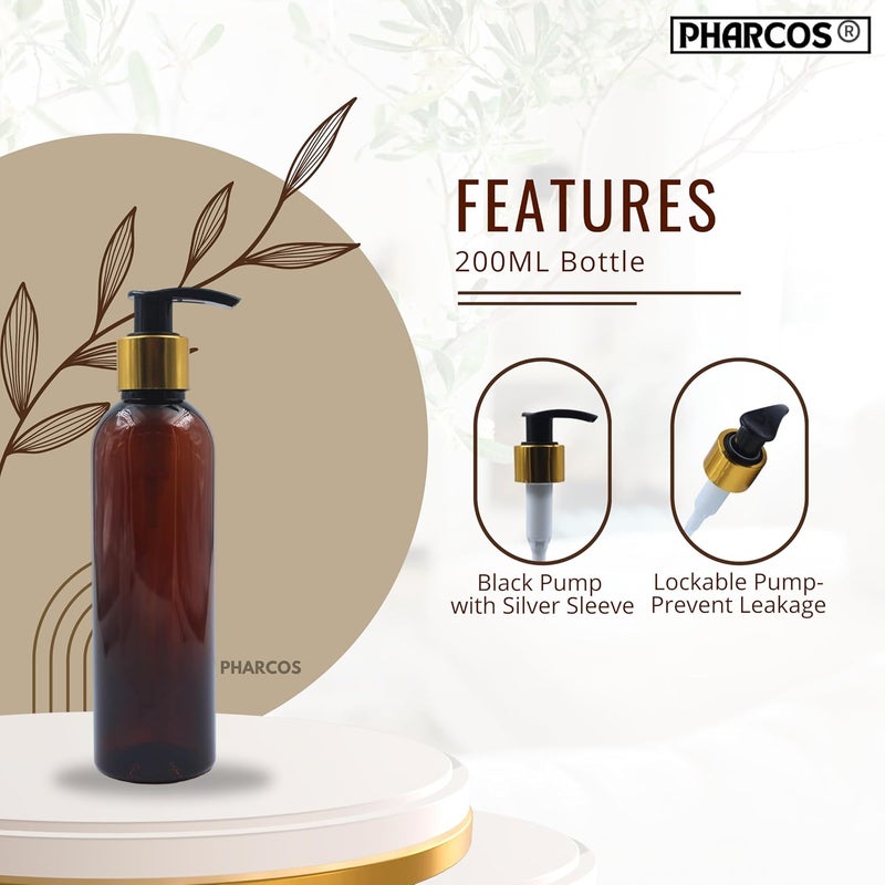 Pharcos 200Ml Amber Plastic Bottle with Golden Metallic Collar Black Dispenser Unbreakable LeakProof Refillable Refillable Containers for Liquid Soap Shampoo Oils Sanitizers Pack of 3 - Image 3