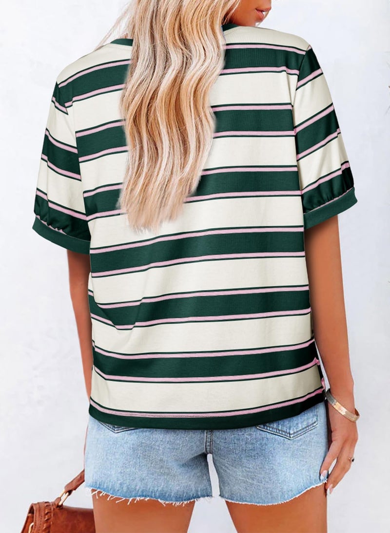 Lafural Womens Tops Cotton Casual Color Block Striped Short Sleeve Shirts Crewneck T Shirts Loose Basic Tee Blouses Green M - Image 2