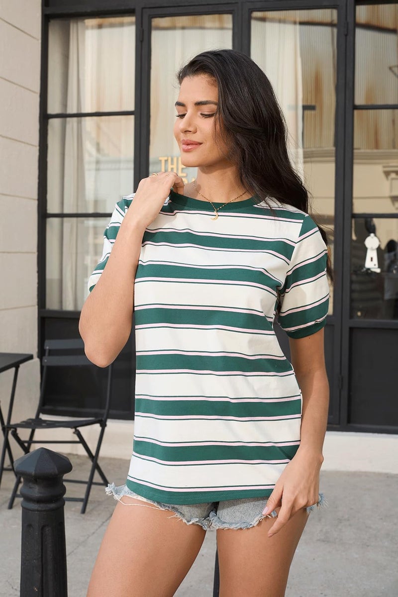 Lafural Womens Tops Cotton Casual Color Block Striped Short Sleeve Shirts Crewneck T Shirts Loose Basic Tee Blouses Green M - Image 4