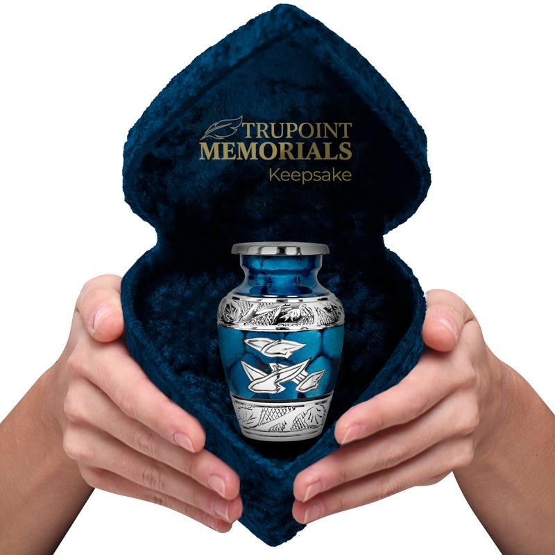Trupoint Memorials Small Urns for Human Ashes Keepsake Decorative Mini Cremation Urn for Adult Men and Women Small Blue Birds with Velvet Heart Box