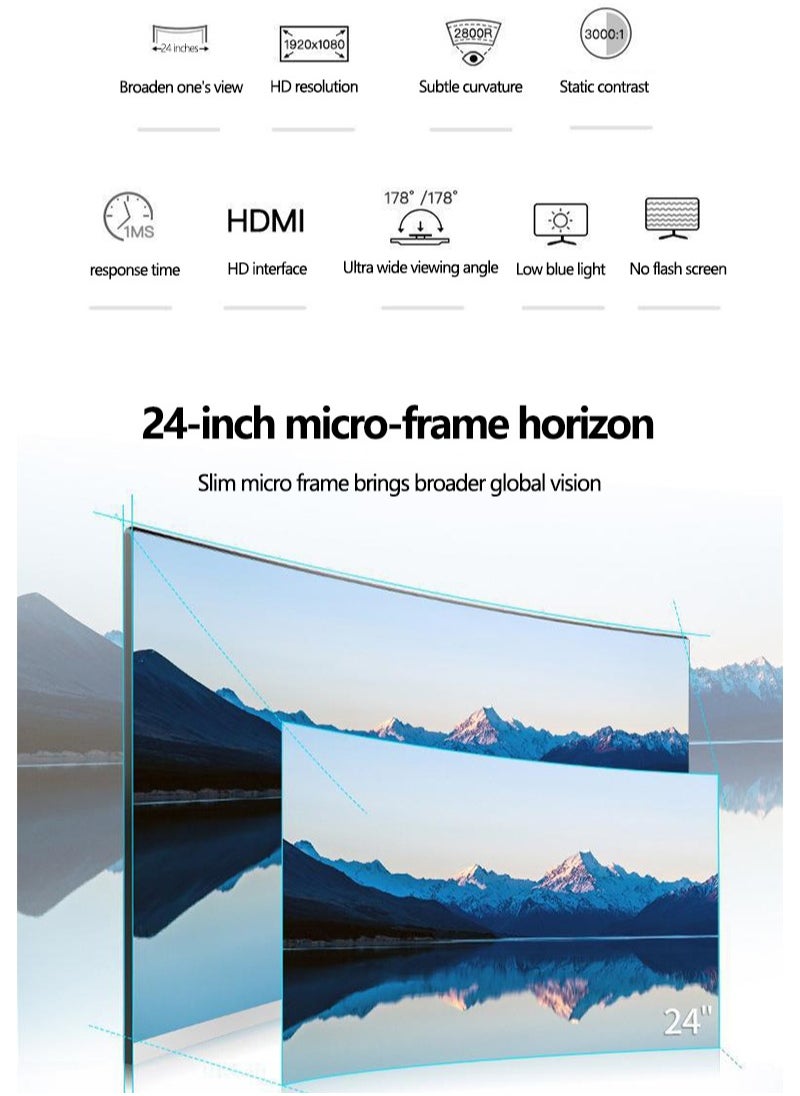 FlashHawk - 23.8-inch IPS Curved Screen Gaming Monitor with Frameless Full HD (1920x1080) VA Display,75Hz Refresh Rate ,HDMI and DP Input-Black - Image 1