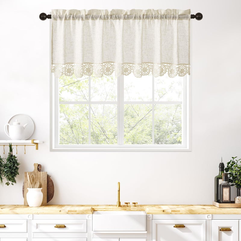 Gibelle Boho Kitchen Valances for Windows, Beige Linen Valance Curtains for Living Room/Bedroom, French Country Fabric Topper Window Curtain with Tassel, 56â€™â€™W x 18â€™â€™L - Image 1