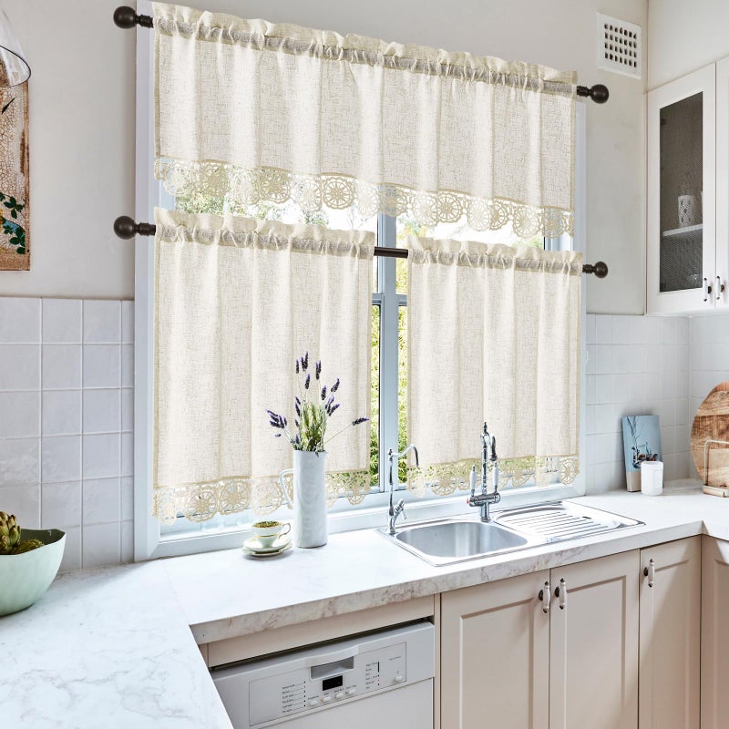 Gibelle Boho Kitchen Valances for Windows, Beige Linen Valance Curtains for Living Room/Bedroom, French Country Fabric Topper Window Curtain with Tassel, 56â€™â€™W x 18â€™â€™L - Image 3