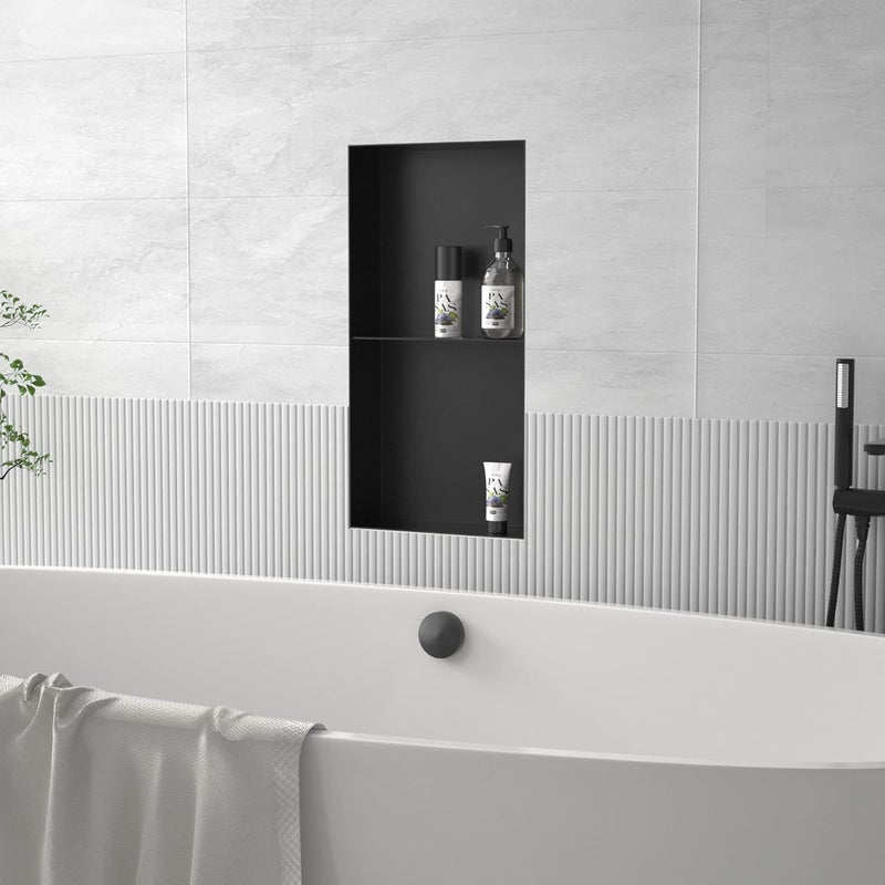 Bernkot Stainless Steel Shower Niche 24" X 12" Matte Black with 2-Tiers Shelf No Tile Needed Niche Shower for Bathroom Storage Recessed Wall Niches Flush-Mounted Installation - Image 5