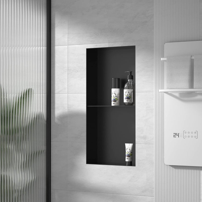 Bernkot Stainless Steel Shower Niche 24" X 12" Matte Black with 2-Tiers Shelf No Tile Needed Niche Shower for Bathroom Storage Recessed Wall Niches Flush-Mounted Installation - Image 1