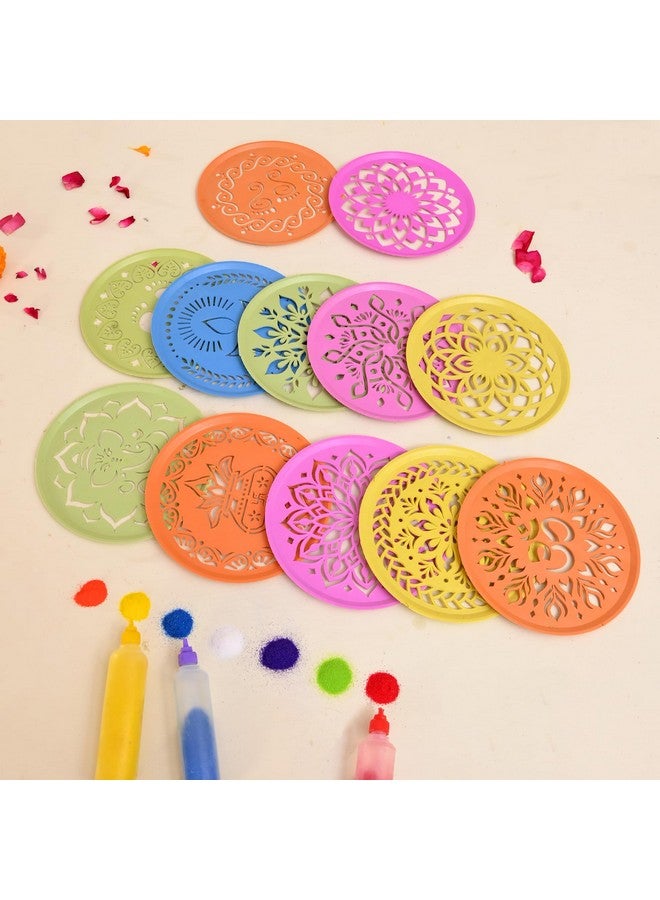 CraftVatika مجموعة قوالب رانغولي من كرافت فاتيكا مكونة من 12 قطعة، عناصر تزيين ديوالي، قوالب صنع رانغولي لتزيين الأرضيات، قوالب رانغولي قابلة لإعادة الاستخدام (15.5 سم دائري) - Image 1
