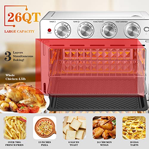 Geek Chef Air Fryer Toaster Oven 26 QT, Large AirFryer Convection Countertop Oven Combo with Easy Bake, Roast, Broil, Warm, 6 Slice Toast 7-in-1 Functions, 3 Layers with 4 Accessories,Stainless Steel - Image 4