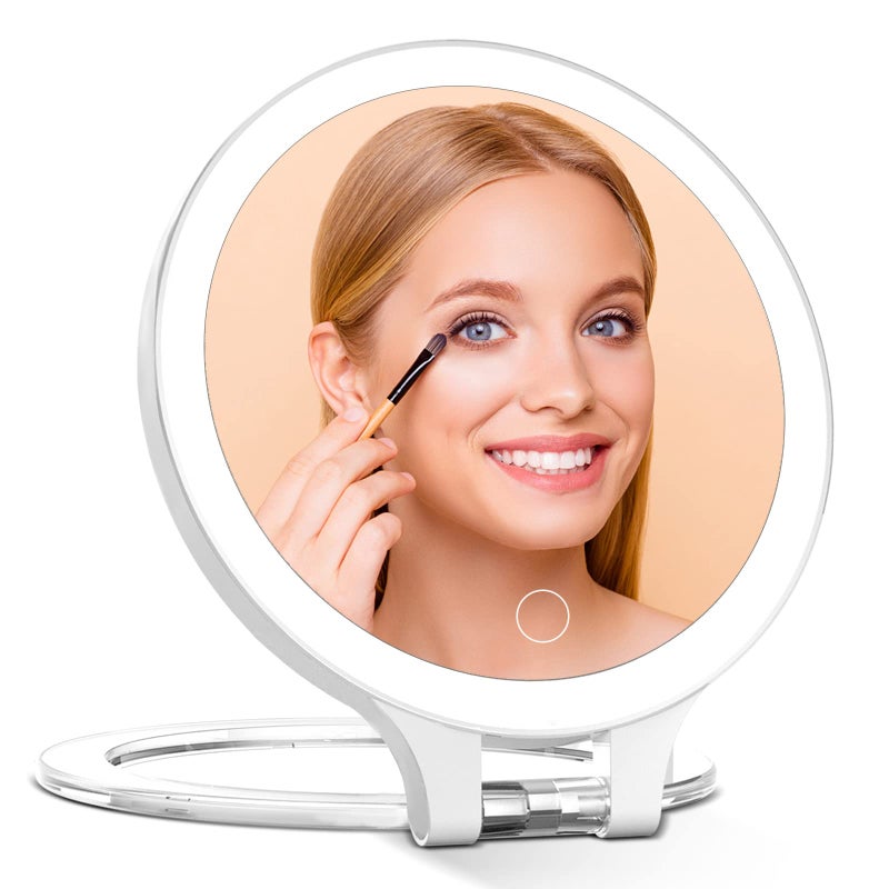 Famihomii Rechargeable Magnifying Makeup Mirror 10X1X Double Sided Lighted Travel Makeup Mirror with 3 Color Light Adjustable Rotation LED Vanity Tabletop Portable Desk Cosmetic Foldable Mirror No Bag