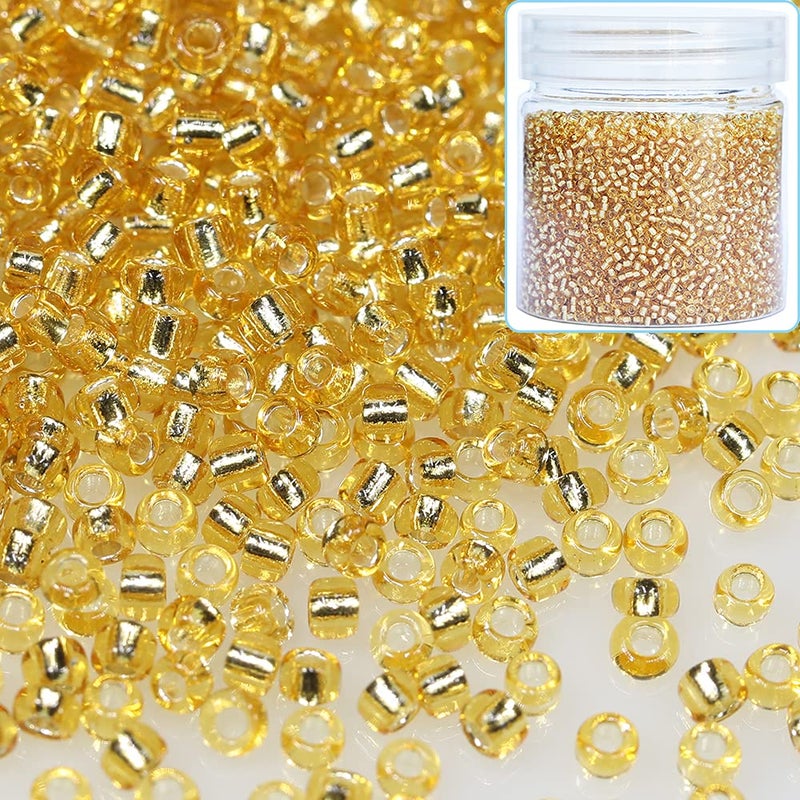 BalaFillic 120 Glass Seed Beads Gold Color Transparent Silver Lined Seed Beads About 10000pcs110g in Box GoldColor