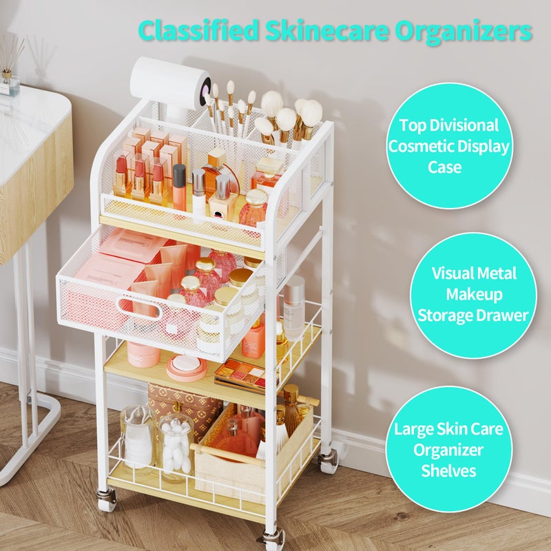 HapiRm Makeup Organizer Storage Cart - 4 Tier Skincare Make Up Storage with Drawer, Rolling Makeup Cart Vanity Organizer Cosmetics Display Cases Holder for Skin Care Perfume Nail Polish Brush - Image 3
