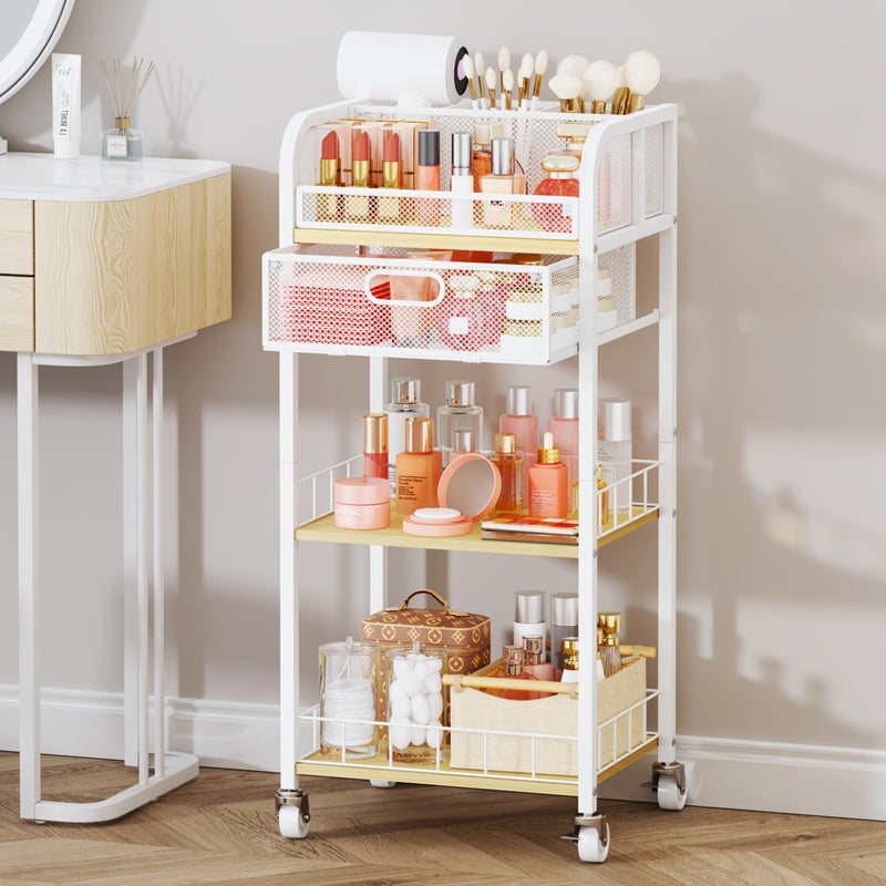 HapiRm Makeup Organizer Storage Cart - 4 Tier Skincare Make Up Storage with Drawer, Rolling Makeup Cart Vanity Organizer Cosmetics Display Cases Holder for Skin Care Perfume Nail Polish Brush - Image 2