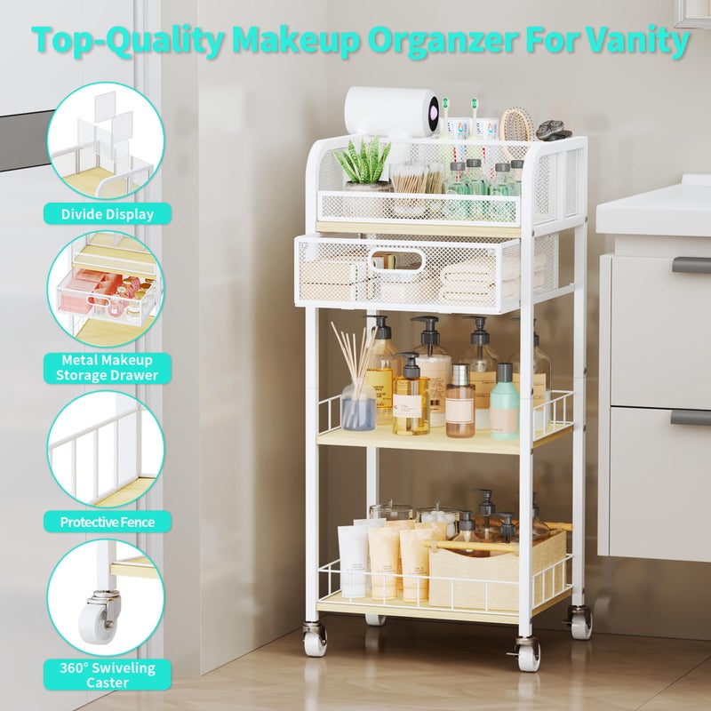 HapiRm Makeup Organizer Storage Cart - 4 Tier Skincare Make Up Storage with Drawer, Rolling Makeup Cart Vanity Organizer Cosmetics Display Cases Holder for Skin Care Perfume Nail Polish Brush - Image 5
