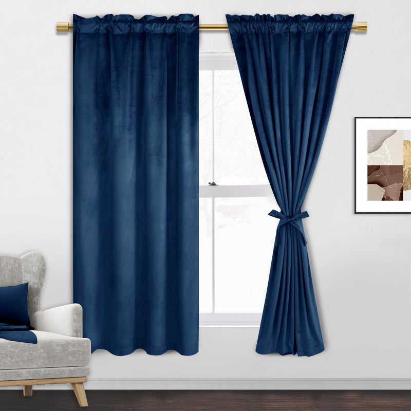 JIUZHEN Navy Velvet Curtains 63 inches for Living Room - Soft Retro Blackout Velvet Drapes Rod Pocket Room Darkening Thermal Insulated for Bedroom/Gallery  42W x 63L  2 Panels with Tiebacks - Image 1