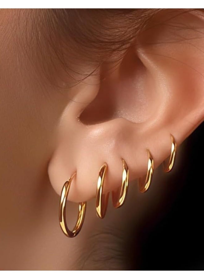 5 ازواج اقراط حلقية صغيرة مطلية بالذهب للنساء - اقراط هاجي بسيطة وبسيطة، مجوهرات يومية لا تسبب الحساسية وخالية من النيكل، خواتم - Image 1