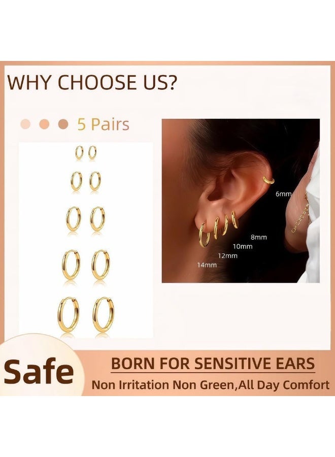 5 ازواج اقراط حلقية صغيرة مطلية بالذهب للنساء - اقراط هاجي بسيطة وبسيطة، مجوهرات يومية لا تسبب الحساسية وخالية من النيكل، خواتم - Image 3
