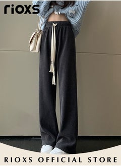 RIOXS Women's High Waist Pants, Vintage Drawstring Trousers, Baggy Comfortable Pants with Elastic Waist, Easy to Match, Suitable for Daily Wear and Outdoor Activities  - Image 3