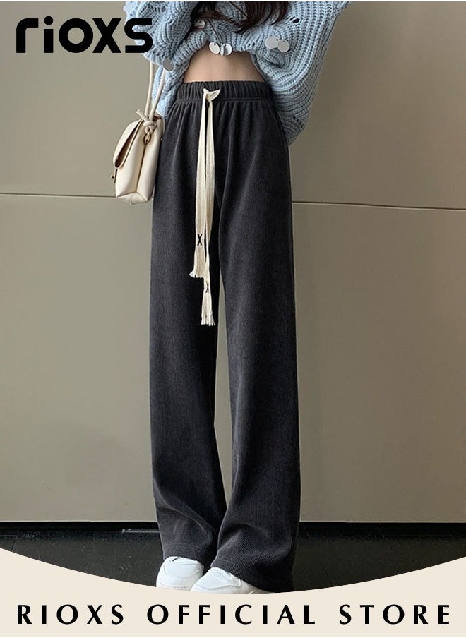 RIOXS Women's High Waist Pants, Vintage Drawstring Trousers, Baggy Comfortable Pants with Elastic Waist, Easy to Match, Suitable for Daily Wear and Outdoor Activities  - Image 3