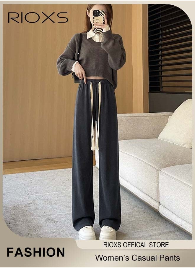 RIOXS Women's High Waist Pants, Vintage Drawstring Trousers, Baggy Comfortable Pants with Elastic Waist, Easy to Match, Suitable for Daily Wear and Outdoor Activities  - Image 1