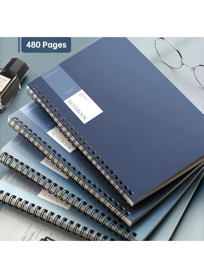 A5 دفاتر حلزونية - 4 قطع، 480 صفحة، غلاف مقوى متين، تصميم بسيط، زوايا مستديرة، أقسام مسمّاة، أرقام صفحات، تجليد متين، ورق كتابة ناعم، قابل للفرد المسطح، علامة مرجعية، فواصل ألوان: أزرق داكن، أسود، رمادي، أبيض - Image 1