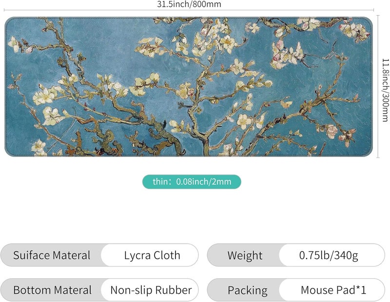 Dynippy Thin Extended Gaming Mouse Pad （31.5 * 11.8 * 0.08 inch） with Stitched Edges Large Mousepad Long XXL Keyboard and Mouse pad Desk Mat for Gaming Office & Home - Almond Blossom - Image 2