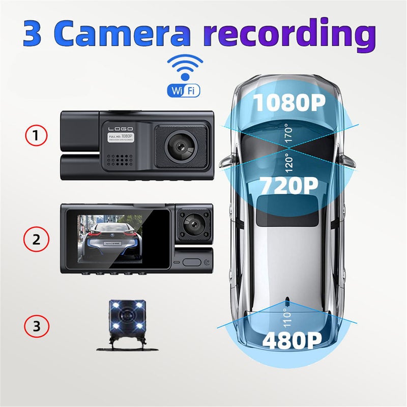 Front and rear in car dash cams, dual dash cams with 64G SD card 1080P, waterproof backup camera, DVR in car dashboard camera with night vision function WDR loop recording - Image 4