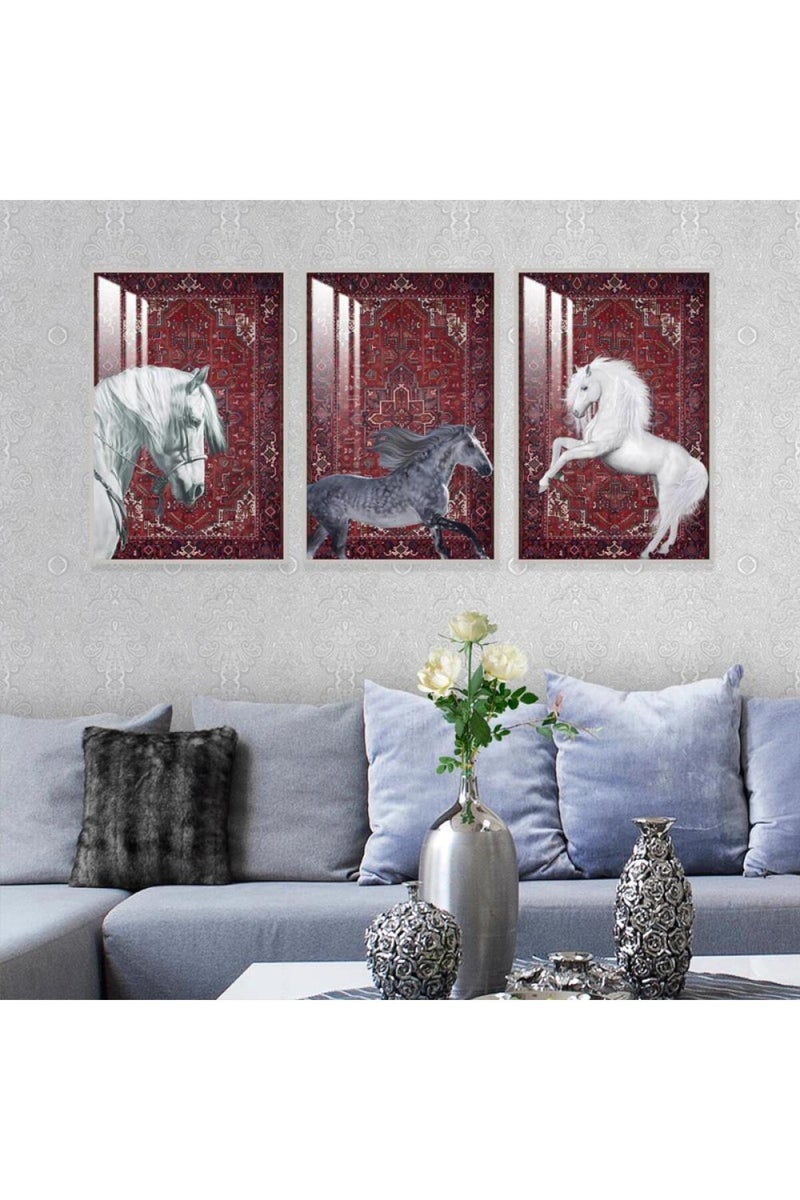 Marktna Three wooden wall painting with a horse design, with a frame and a clear acrylic layer. - Image 1
