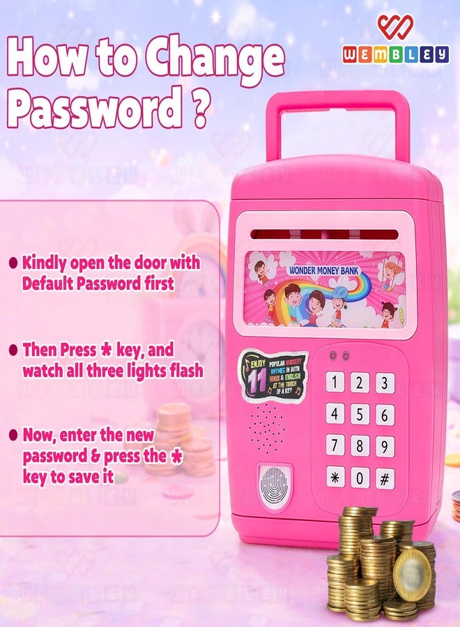 Wembley Finger Print Sensor ATM Piggy Bank for Kids Girl Boys Gullak for Money Bank with Password & Music Auto Scroll Money Saving Box with Coin Cash Slot Gifts for Kids - Pink - Image 3