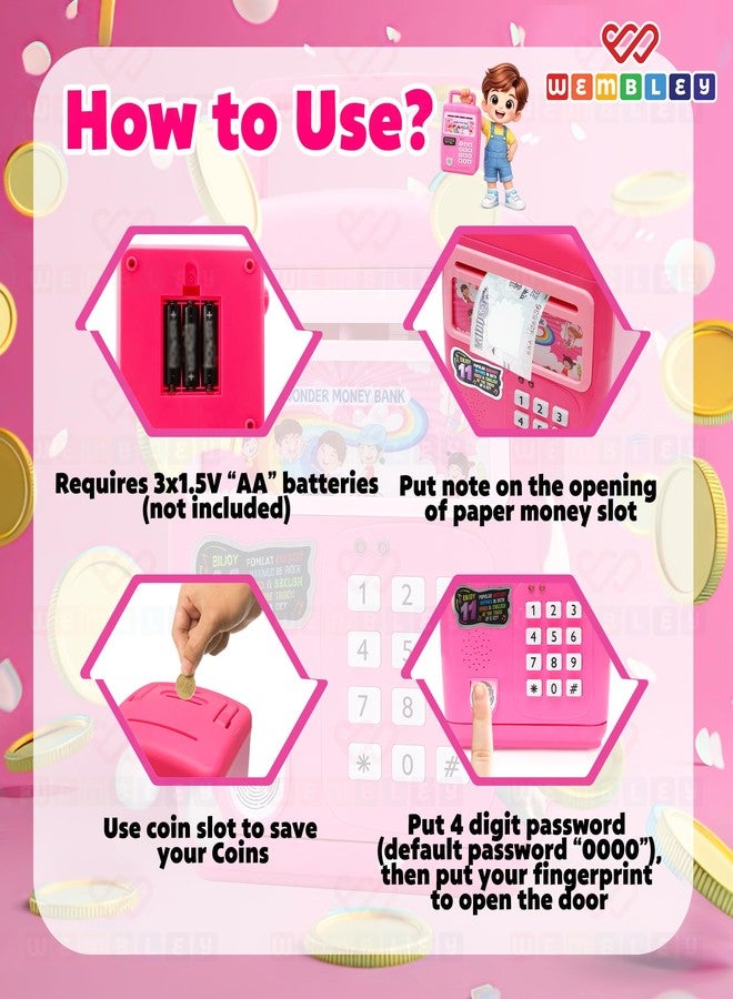 Wembley Finger Print Sensor ATM Piggy Bank for Kids Girl Boys Gullak for Money Bank with Password & Music Auto Scroll Money Saving Box with Coin Cash Slot Gifts for Kids - Pink - Image 4