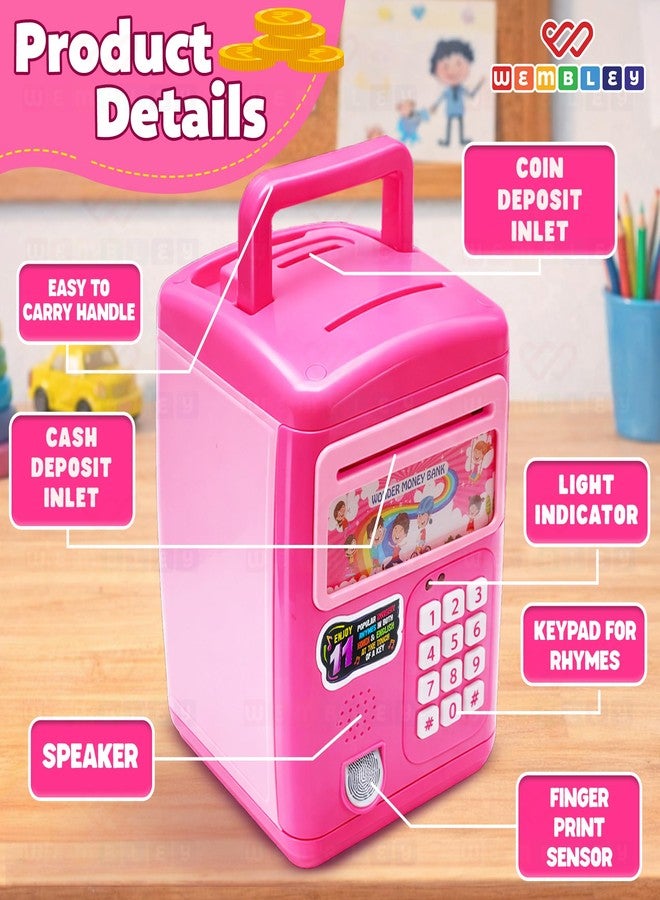 Wembley Finger Print Sensor ATM Piggy Bank for Kids Girl Boys Gullak for Money Bank with Password & Music Auto Scroll Money Saving Box with Coin Cash Slot Gifts for Kids - Pink - Image 5