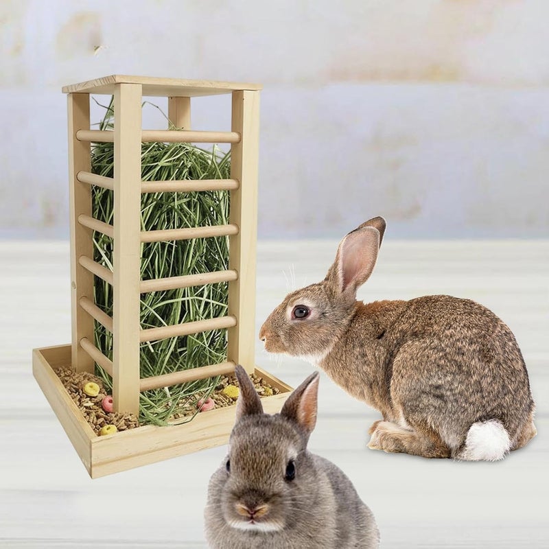 Wooden Hay Feeder Food Feeding Manger Multipurpose Less Wasted Standing Bunny Wood Grass Holder for Groundhog Gerbil - Image 3