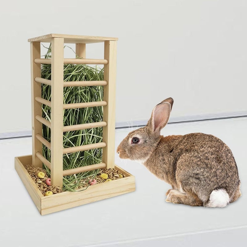 Wooden Hay Feeder Food Feeding Manger Multipurpose Less Wasted Standing Bunny Wood Grass Holder for Groundhog Gerbil - Image 2