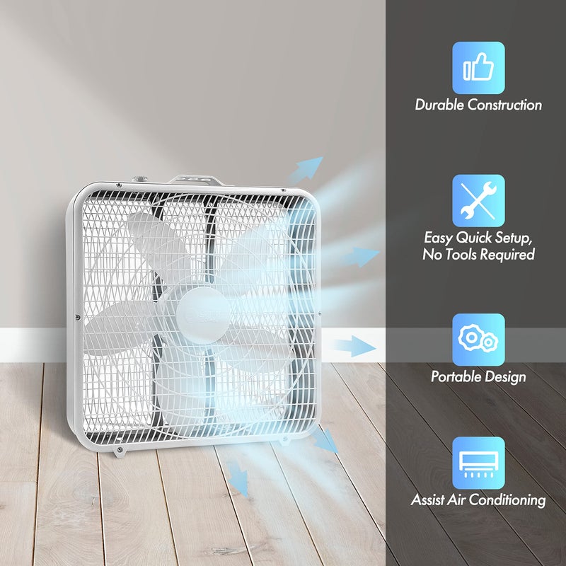 Comfort Zone Box Fan with Carry Handle, 20 inch, 3 Speed Full-Force Air Circulation with Air Conditioner, Floor Fan, Bedroom Fan, Airflow 15.03 ft/sec, Ideal for Home, Bedroom & Office, CZ200A - Image 2
