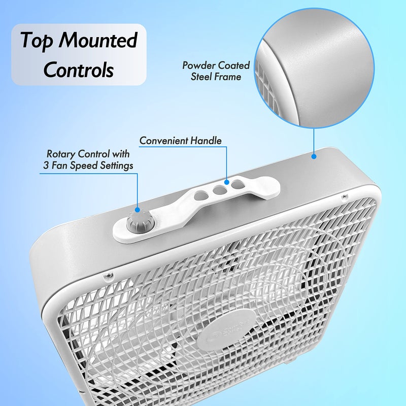 Comfort Zone Box Fan with Carry Handle, 20 inch, 3 Speed Full-Force Air Circulation with Air Conditioner, Floor Fan, Bedroom Fan, Airflow 15.03 ft/sec, Ideal for Home, Bedroom & Office, CZ200A - Image 3