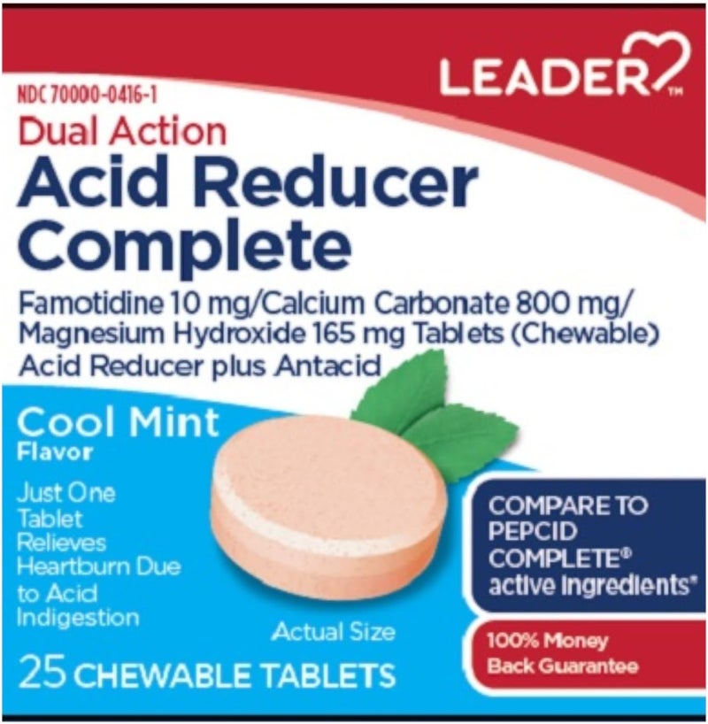 Leader Acid Reducer Complete famotidine Calcium Carbonate Magnesium Hydroxide Tablets Chewable Cool Mint  25 Count
