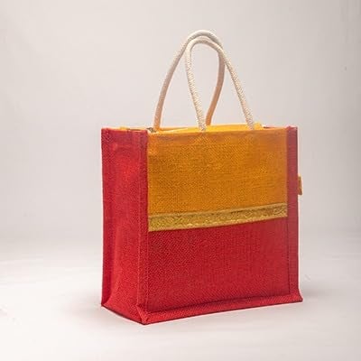 Soman Jute Ecofriendly Return Gift Bags with Zip Golden Yellow Red Combo Pack of 10 Bags - Image 2