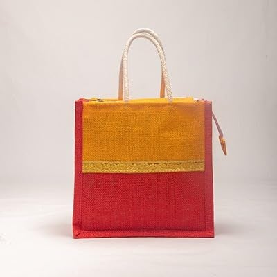 Soman Jute Ecofriendly Return Gift Bags with Zip Golden Yellow Red Combo Pack of 10 Bags - Image 5