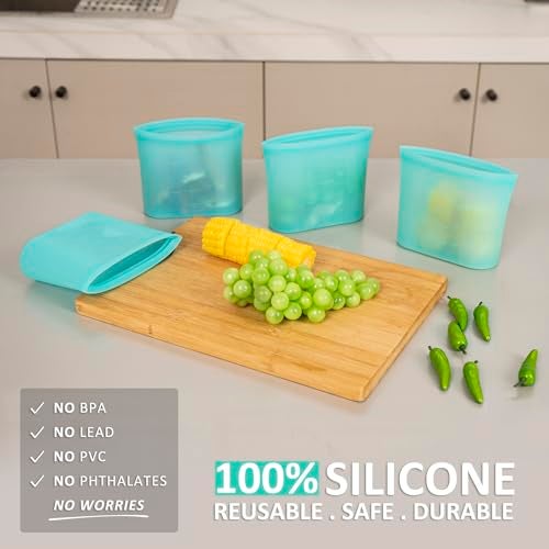 Annaklin Reusable Snack Bags, 4 Pack, Stand Up 100% Silicone Reusable Storage Bag, Ziplock Silicone Food Storage Containers Snack Size, Freezer Microwave Oven Dishwasher Safe, Aqua, 16oz - Image 2