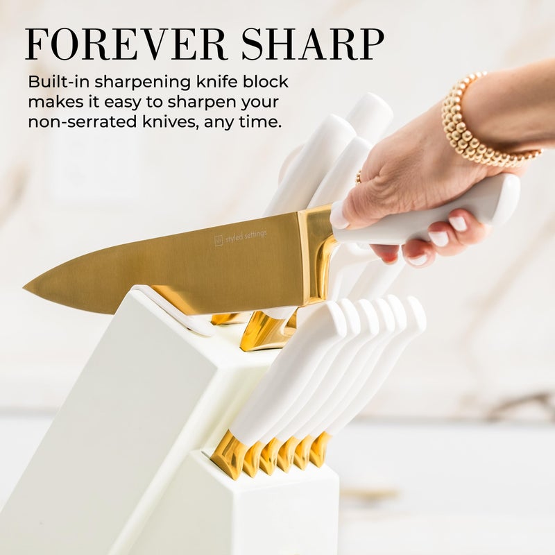 styled settings White and Gold Knife Set with Block - 14-Piece White Knife Set with Block and Built-In Sharpener â€“ Titanium-Coated High Carbon Stainless Steel Blades - Gold Kitchen Accessories - Great for Gifting - Image 3
