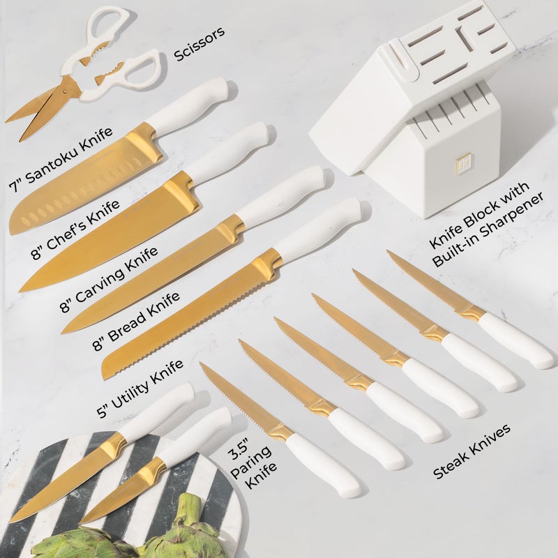 styled settings White and Gold Knife Set with Block - 14-Piece White Knife Set with Block and Built-In Sharpener â€“ Titanium-Coated High Carbon Stainless Steel Blades - Gold Kitchen Accessories - Great for Gifting - Image 5