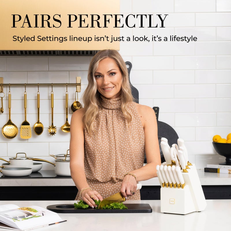 styled settings White and Gold Knife Set with Block - 14-Piece White Knife Set with Block and Built-In Sharpener â€“ Titanium-Coated High Carbon Stainless Steel Blades - Gold Kitchen Accessories - Great for Gifting - Image 4